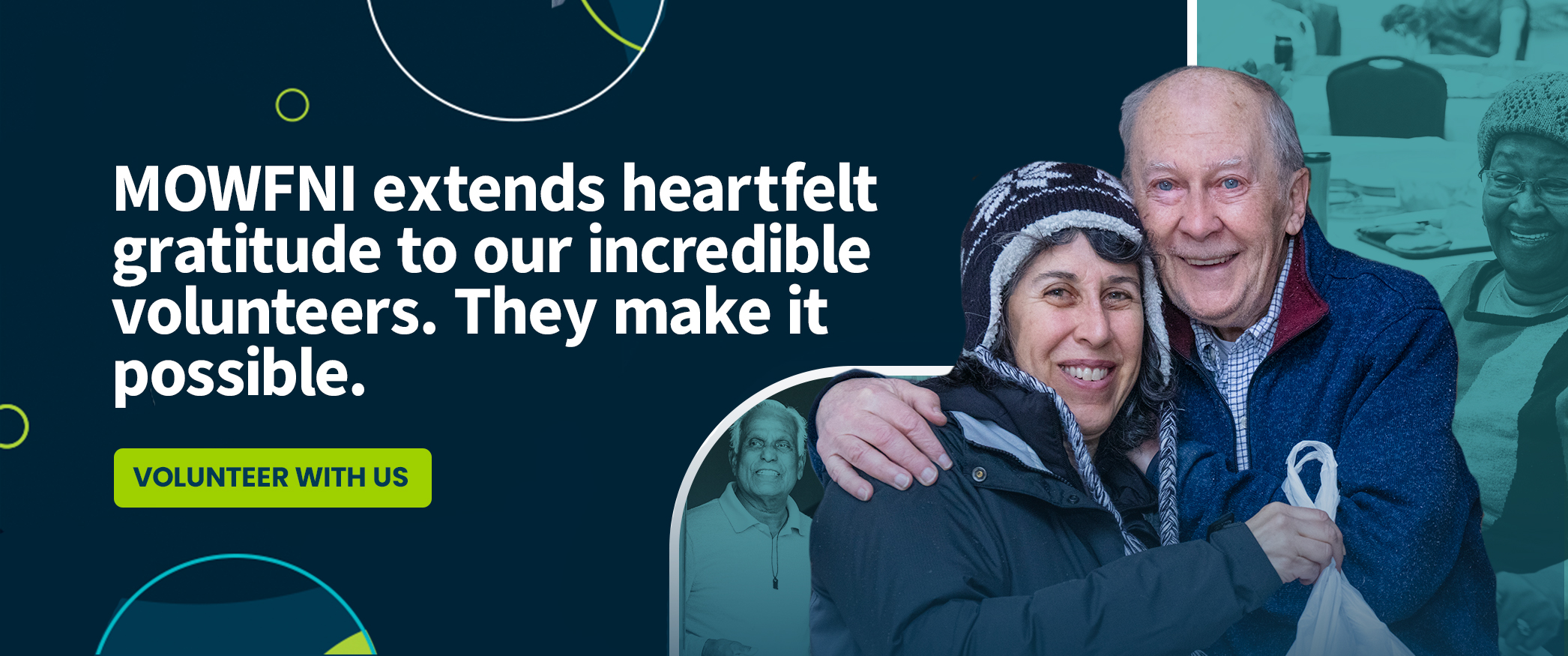 Photo of a woman handing an eldery woman a meal with the text 'MOWFNI thanks our volunteers for the dedicated service to the seniors in our communities – We could not do all that we do without their support.'